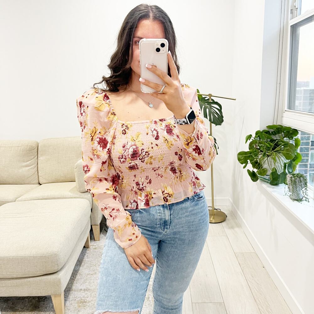 Express Pink Floral Smocked Long Sleeve Blouse Size Small